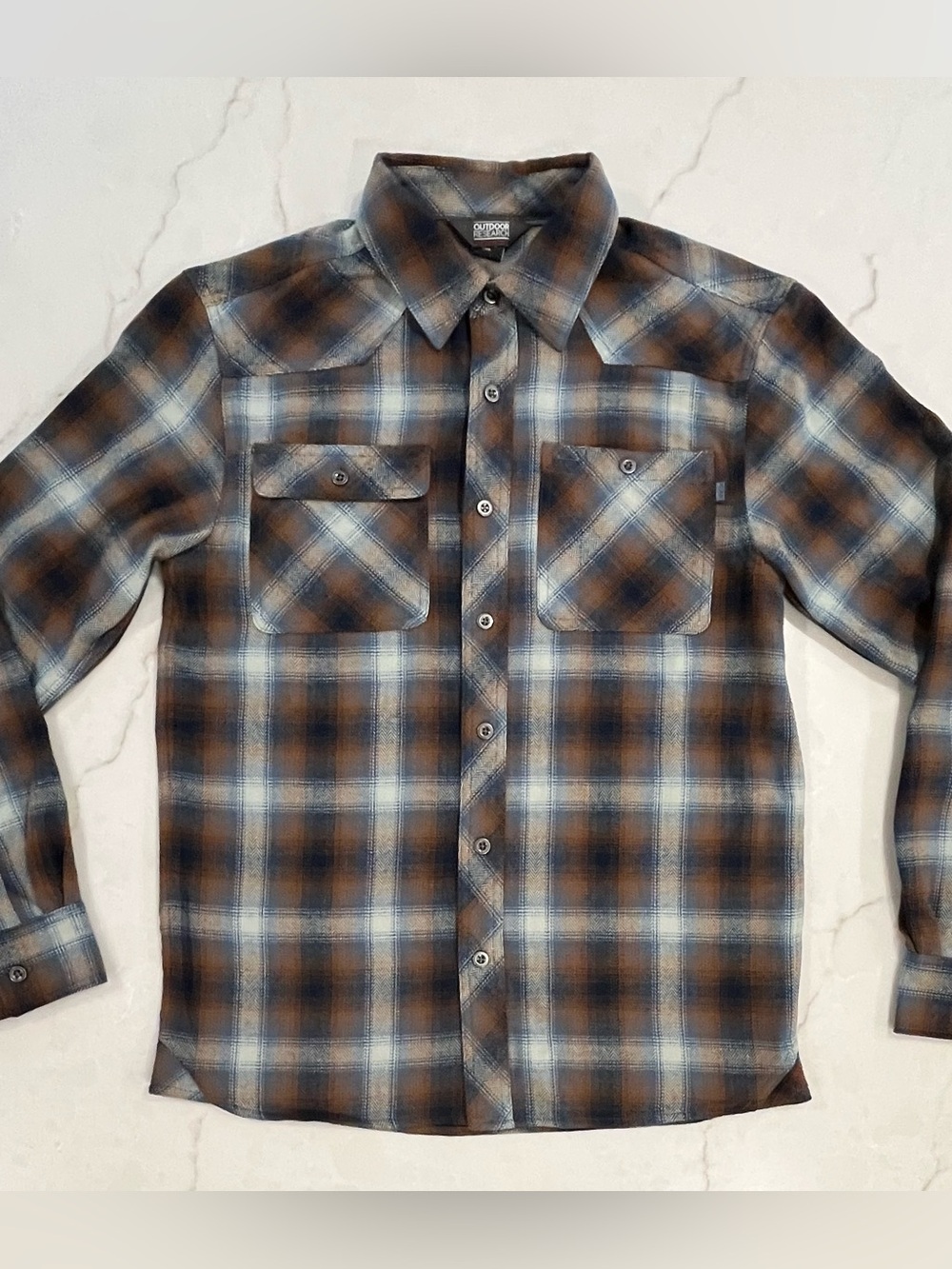 Outdoor Research Feedback Flannel Shirt Mens Small Blue Brown Plaid